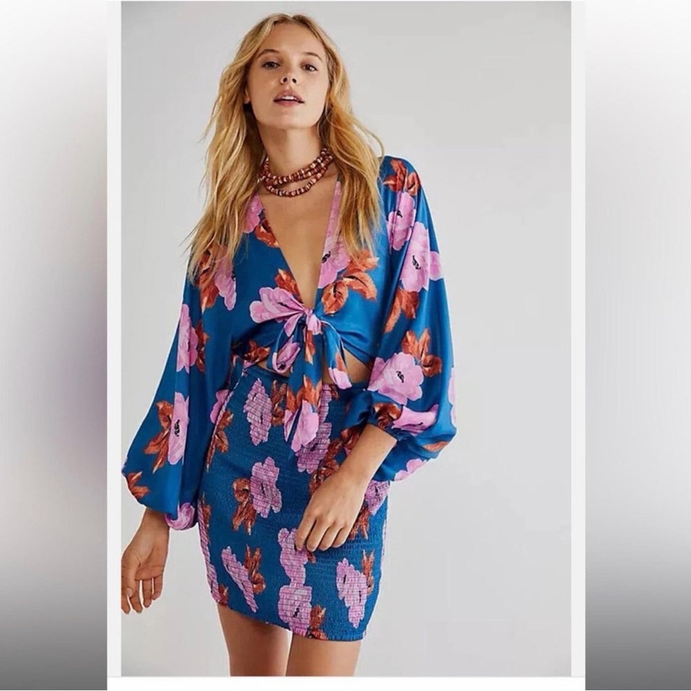 Cassie Mini Blue W/ Bold Floral Smocked Bottom Tie Flowy Long Sleeve Top